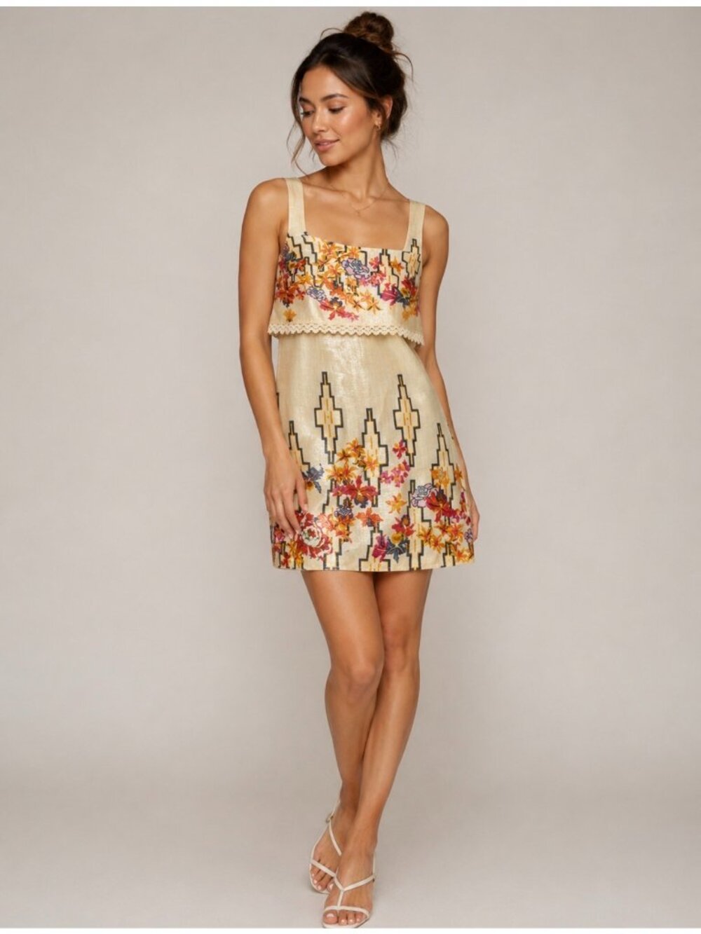 Free People Women’s Floral Mini Dress Lace Trim Geometric Pattern Size 4 Beige